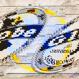Globe The Universal Gasoline 30" Double Sided Porcelain Sign w/ Ring: Graphic DSP (double sided porcelain) sign with ring has excellent color and gloss. The display has tiny chips in the field with areas of slight cloudiness in the blue porcelain enamel. The perimeter