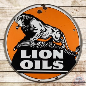Scarce Lion Oils 48" Double Sided Porcelain Sign "Lion on the Rock" w/ Ring