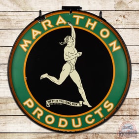 Marathon Products "Best in the Long Run" 30" Double Sided Porcelain Sign w/ Ring & Running Man