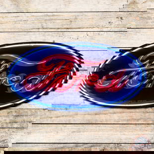Outstanding Ford Automobiles 4' Double Sided Porcelain Factory Neon Sign: DSP (double sided porcelain) factory neon sign with original metal can has excellent color and gloss. The sign features vibrant red neon lettering with a light blue surround. The field is exceptionall