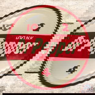 Drink Dr. Pepper 10-2-4 24" Single Sided Tin Bubble Sign: SST (single sided tin) bubble sign has very good color and shine. The field has light wear, a small paint chip in the left field and areas of color match in red center and the "EP" of Pepper. The peri