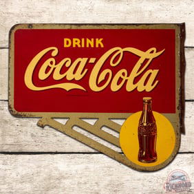 Drink Coca Cola Double Sided Tin Flange Sign w/ Bottle in Sun Logo