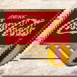 Drink Coca Cola Double Sided Tin Flange Sign w/ Bottle in Sun Logo: DST (double sided tin) flange has good color and shine. The display has toning with fine scratches and paint chips in the fields. The outer fields and perimeter have oxidation with areas of paint loss