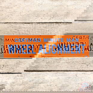 Superb Union 76 Certified Minuteman Wheel Alignment Single Sided Porcelain Sign: SSP (single sided porcelain) sign has outstanding color and gloss. The field is clean. The perimeter has flea bites at the lower left mount hole with minor discoloration along the edges. Overall a fan