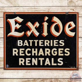 1938 Exide Batteries Recharges Rentals Double Sided Tin Sign