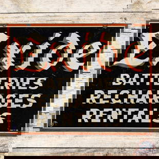 1938 Exide Batteries Recharges Rentals Double Sided Tin Sign: DST (double sided tin) sign has good color and shine. The display has general wear with scratches, paint chips and oxidation along the outer edges. The reverse has additional oxidation and spotting in