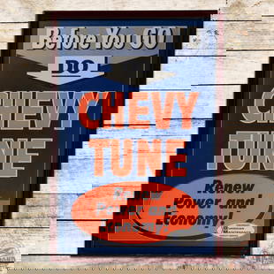Excellent Chevrolet Chevy Tune Renew Power & Economy GM Guardian Maintenance Advertising Poster Sign: Single sided blacklight dealership poster has been professionally framed under plexiglass. The poster has outstanding color with a fold line in the center. The frame is in excellent condition. Overall