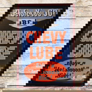 Excellent Chevrolet Chevy Lube Enjoy Jet-Smooth Ride GM Guardian Maintenance Advertising Poster Sign: Single sided blacklight dealership poster has been professionally framed under plexiglass. The poster has outstanding color with a fold line in the center. The frame is in excellent condition. Overall