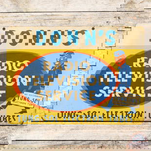 Tung-Sol Radio Television Service Double Sided Tin Sign: DST (double sided tin) sign has good color and shine. The display has general surface wear with fine scratches, spotting and tiny paint chips. The perimeter has small corner bends, small added hole on