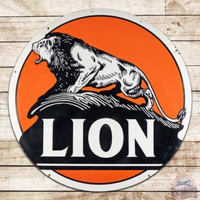 Lion Gasoline 5' Double Sided Porcelain ID Sign "Lion on the Rock"
