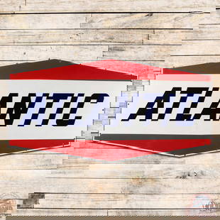 Atlantic Gasoline Service Station 6.5' Double Sided Porcelain ID Sign: DSP (double sided porcelain) sign has excellent color and gloss. Side #1 has light surface wear with a handful of tiny chips in the fields and minor discoloration in the outer fields. The perimeter ha