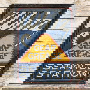 Whiz Gear Grease Service Station Single Sided Tin Sign w/ Wooden Frame: SST (single sided tin) sign with factory wooden frame has good color and moderate shine. The sign presents with general wear, fading and wrinkling in the fields and perimeter. The wooden frame is in g