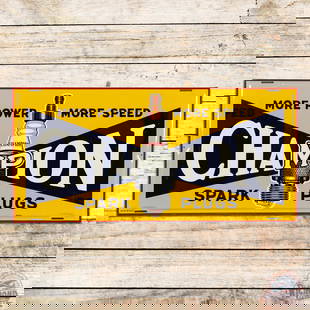 More Power More Speed Champion Spark Plugs Single Sided Tin Logo Sign: SST (single sided tin) self-framed sign has excellent color and shine. The field had light wear with fine scratches in the outer fields. The perimeter has small paint chips and minor edge bends. Marke