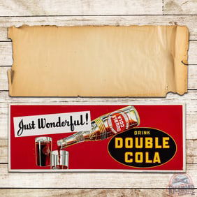 Amazing NOS Drink Double Cola "Just Wonderful!" Emb Single Sided Tin Sign w/ Glass & Bottle w/ Paper