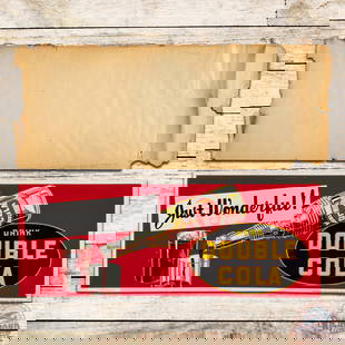 Amazing NOS Drink Double Cola "Just Wonderful!" Emb Single Sided Tin Sign w/ Glass & Bottle w/ Paper: SST (single sided tin) embossed crimped edge sign with factory paper has outstanding color and shine. The field is clean with minor paper residue. The perimeter has a line blemish in the red on the up