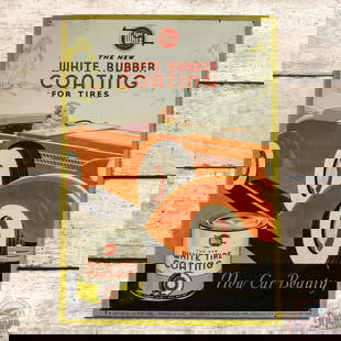 Amazing Whiz White Rubber Tire Coating Single Sided Tin Sign w/ Automobile & Lady: SST (single sided tin) crimped edge sign with metal easel back has very good color and shine. The sign features a colorful graphic of a lady driving an early automobile with can of Whiz in the lower f
