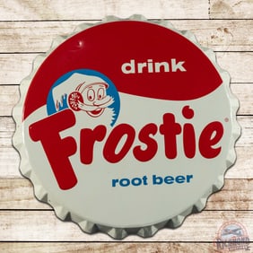 Impressive NOS Drink Frostie Root Beer 33" Single Sided Tin Bottlecap Sign w/ Paper
