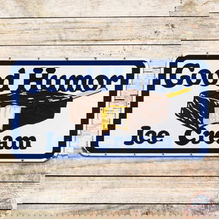 Good Humor Ice Cream Single Sided Porcelain Sign: SSP (single sided porcelain) sign has excellent color and gloss. The field is very clean overall with a small chip in the lower field. The perimeter has small chips, minor discoloration and a small be