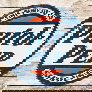 Purol-Pep "The Pure Oil Company" Gasoline 25" Double Sided Porcelain Sign: DSP (double sided porcelain) sign has good color and gloss. The field has fine scratches, small chips, areas of cloudiness and areas of errant orange paint in the left and upper fields. The perimeter