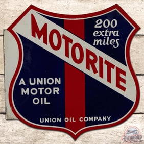 Motorite Union Oil Company Die Cut Double Sided Porcelain Flange Sign