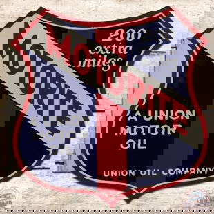 Motorite Union Oil Company Die Cut Double Sided Porcelain Flange Sign: DSP (double sided porcelain) die cut flange sign with excellent color and gloss. The field is clean with a few tiny areas of color matched paint. The flange appears to be very nice and original. Overa