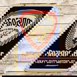 Paragon Heavy Duty HD Motor Oil Emb. Single Sided Tin Sign: Colorful SST (single sided tin) embossed self-framed sign has excellent color and shine. The field is very clean overall with two light bends in the upper portion of the logo. The outer fields have li