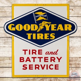 Goodyear Tire and Battery Service Die Cut Emb. Single Sided Tin Sign w/ Logo