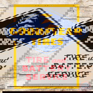 Goodyear Tire and Battery Service Die Cut Emb. Single Sided Tin Sign w/ Logo: SST (single sided tin) die cut embossed sign has day one color and shine. The field is very clean overall with small scuffs and minor imperfections. The perimeter has light wear with errant white pain
