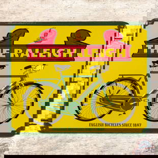 The Raleigh "English Bicycles Since 1887" Single Sided Porcelain Sign w/ Logo: SSP (single sided porcelain) sign has superb color and gloss. The sign features a detailed bicycle in the field with unique porcelain enamel colors. The field has small factory imperfections with a