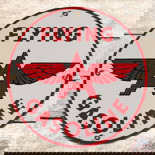 Exceptional Flying A Gasoline Single Sided Porcelain Pump Plate Logo Sign: SSP (single sided porcelain) sign has outstanding color and gloss. The fields is clean. The perimeter has light wear at the right hand mount hole and tiny chips along the outer edges. All four