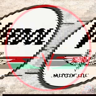 Veedol Motor Oils 10" Single Sided Porcelain Sign w/ Winged Logo: SSP (single sided porcelain) sign has outstanding color and gloss. The field exhibits minor spotting with light surface wear. The perimeter has tiny chips at the lower mount holes with a few flea