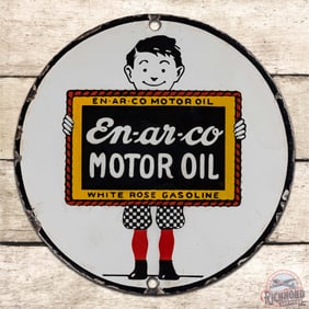 En-ar-Co Motor Oil White Rose Gasoline Single Sided Porcelain Lubester Sign w/ Boy & Slate