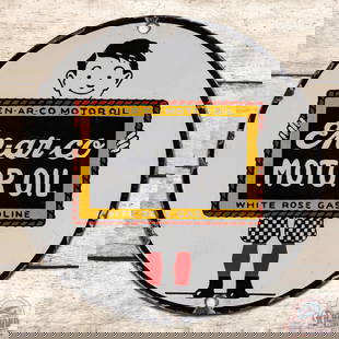 En-ar-Co Motor Oil White Rose Gasoline Single Sided Porcelain Lubester Sign w/ Boy & Slate: SSP (single sided porcelain) sign has been clear coated. The field exhibits surface wear with areas of discoloration. The perimeter has small areas of crazing with chips along the outer edges. All in