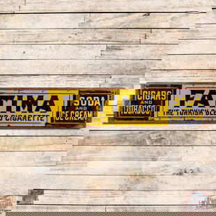 Fatima Cigars Tobacco Soda and Ice Cream 7' Single Sided Porcelain Sign: SSP (single sided porcelain) self-framed sign has very good color and gloss. The field has chips with general surface wear. The perimeter has larger chips with areas of loss on the corners. A wooden