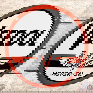 Veedol Motor Oil Convex 12" Single Sided Porcelain Sign w/ Logo: SSP (single sided porcelain) domed sign has fantastic color and gloss. The field is very clean overall with minor discoloration in the lettering and light surface wear in the left field. The