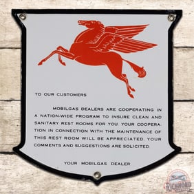 Outstanding Mobilgas Dealer Rest Room Single Sided Porcelain Die Cut Sign w/ Pegasus "West Coast"