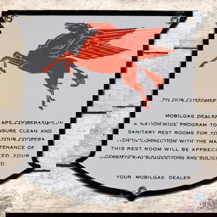 Outstanding Mobilgas Dealer Rest Room Single Sided Porcelain Die Cut Sign w/ Pegasus "West Coast": SSP (single sided porcelain) die cut sign has excellent color and gloss. The field is clean with a minor area of discoloration in the left field. The perimeter has traces of errant white paint along