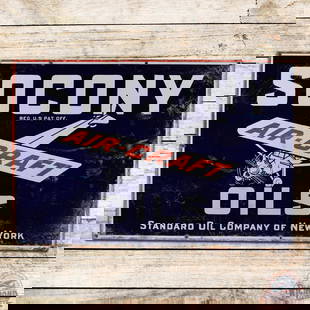 Socony Aircraft Oils Single Sided Porcelain Sign w/ Plane: Iconic SSP (single sided porcelain) sign has good color and moderate gloss. The field has general surface wear with touched ups chips, crazing and areas of cloudiness in the blue porcelain enamel.