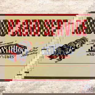 Raytheon Radio Service Tubes Double Sided Tin Flange Sign: DST (double sided tin) flange sign has outstanding color and shine. The display has paper marks with light wear and a scratch in the upper field. The perimeter has small paint chips. The reverse is