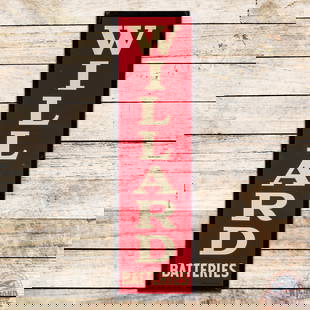 Willard Batteries Vertical Single Sided Tin Sign: SST (single sided tin) sign has excellent color and shine. The field has light wear, fine scratches and errant paint drips. The perimeter has minor edge bends with small paint chips. Marked A-M Sign