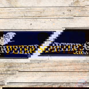 Incredible Peter Schuyler Cigar Single Sided Porcelain Sign w/ Logo: SSP (single sided porcelain) sign has very good color and gloss. The field is clean with minor storage marks. The perimeter has small chips along the outer edges. All ten of the factory grommets are