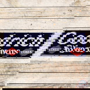 Goodrich Silvertowns Tires Tubes Single Sided Porcelain Sign: SSP (single sided porcelain) sign has very good color and gloss. The field has general surface wear with chips and fine scratches. The perimeter has chips with minor edge bends. The sign has a great