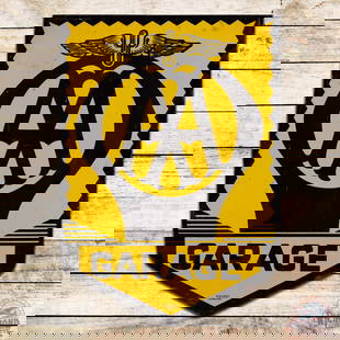 AA Garage Single Sided Porcelain Sign w/ Logo: SSP (single sided porcelain) sign has very good color and gloss. The field exhibits fine scratches, tiny errant paint drips and nicks to the surface. The perimeter has small chips with a handful of