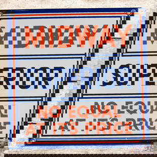 Exceptional Midway Superior Gasoline "No Equal at It's Price" Single Sided Porcelain Pump Plate Sign: SSP (single sided porcelain) sign has outstanding color and gloss. The field is clean with minor surface marks. The perimeter has a handful of tiny nicks with minor edge wear. All four factory