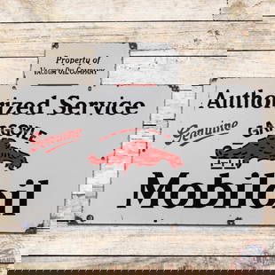 Authorized Service Genuine Gargoyle Mobiloil Die Cut Single Sided Porcelain Sign: SSP (single sided porcelain) die cut bottle rack sign has excellent color and gloss. The field has marks with minor crazing in the upper field. The perimeter has chips with small bends at the mounting