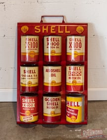 Shell Quart Can Service Station Display Rack w/ 9 Cans