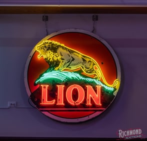 Lion Gasoline 5' Single Sided Porcelain Neon Sign w/ Lion on the Rock