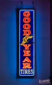 Goodyear Tires Vertical 8' Single Sided Porcelain Neon Sign w/ Wingfoot