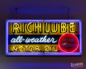 Richfield Richlube "All Weather" Motor Oil Single Sided Tin Neon Sign