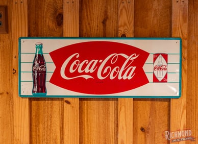 Scarce Coca-Cola Fishtail Single Sided Tin Sign w/ Can & Bottle